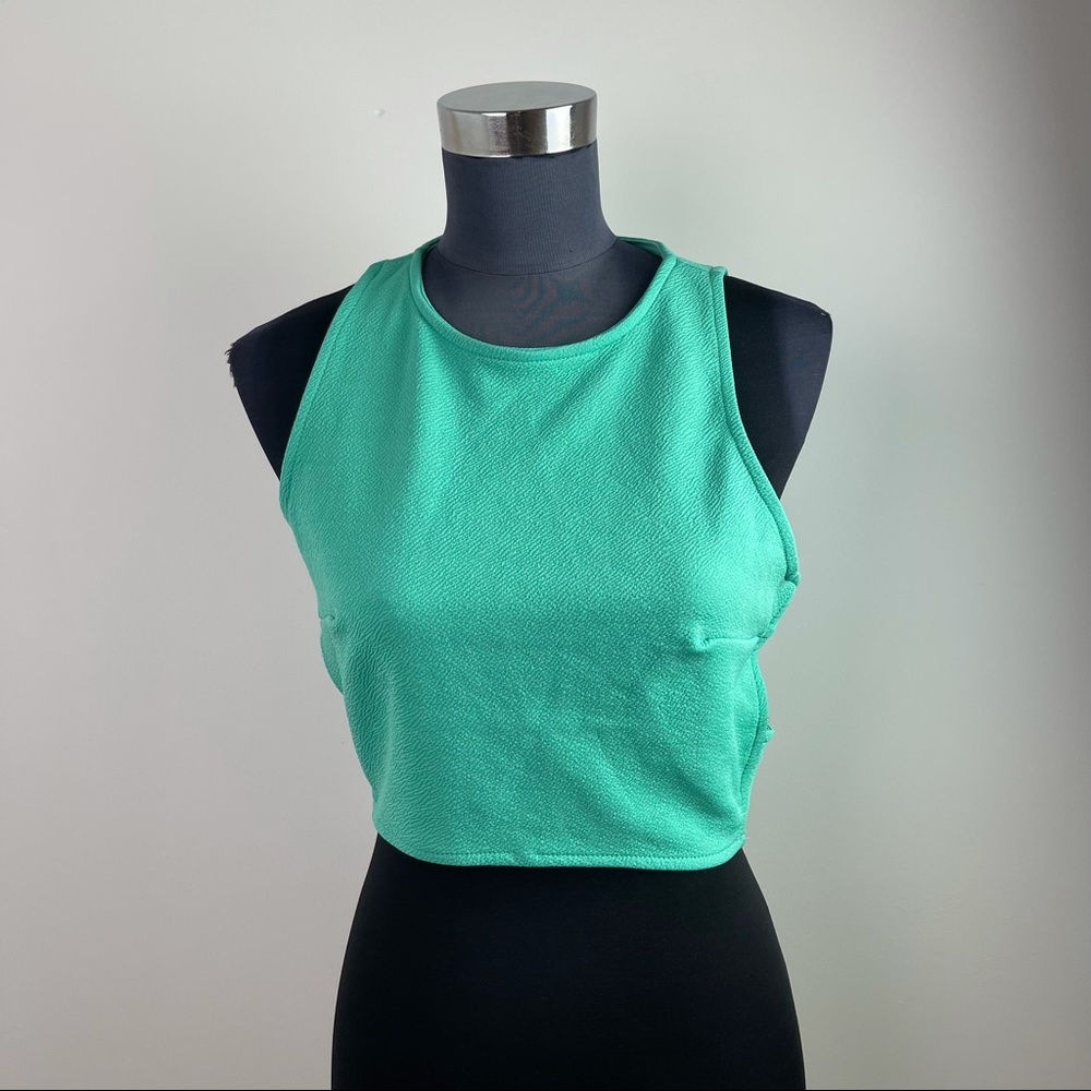 Teal Green Sleeveless Cropped Cutout Black Top
